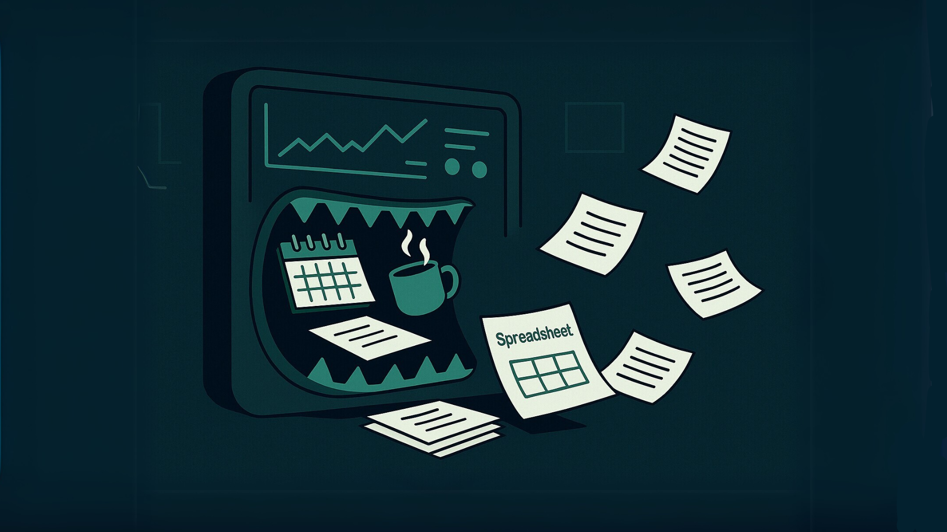 Illustration of a large dashboard screen with sharp teeth devouring calendar events, papers, and coffee, symbolizing time-consuming manual reporting.